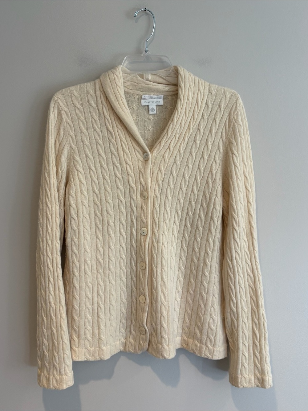 Charter Club Cream Cashmere Cable Knit Button-Front Shawl Collar Cardigan Size L